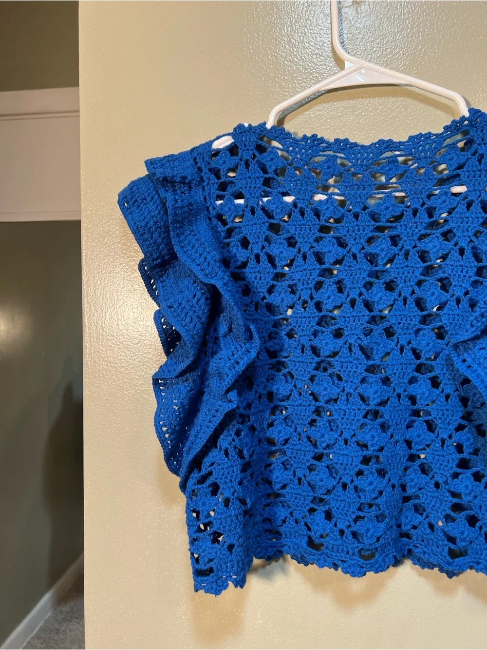 Zara Women’s Crochet Knit Top Royal Blue Ruffle Side Boxy Round Neck Lace Sheer